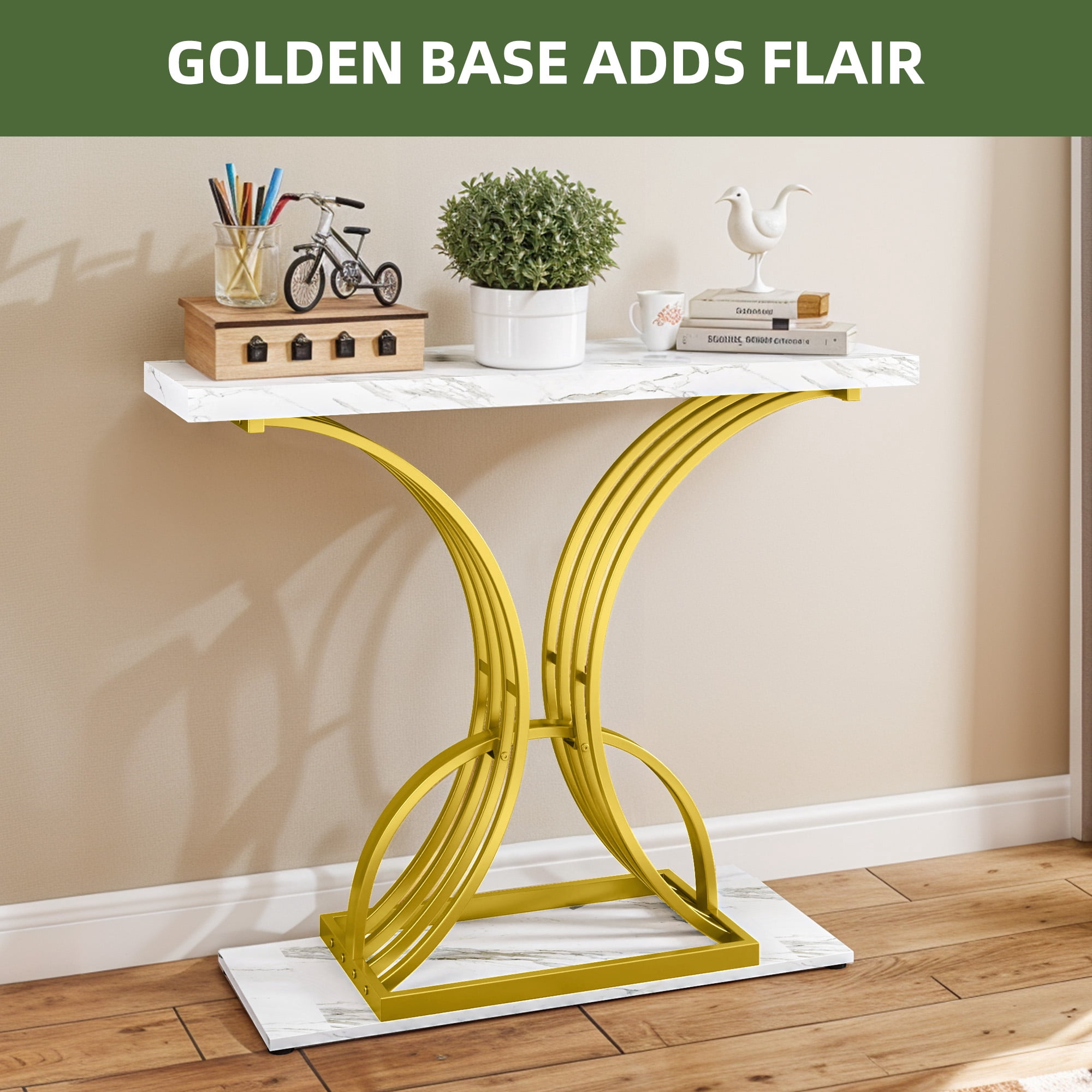 Uforic Luxury Console Entryway Table with Metal Base, Sofa Side Table, White & Gold