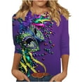 thumbnail image 2 of Cavosen Carnival Day Womens Dressy Tops 3/4 Length Sleeves Festival Mardi Gras Round Neck Tops Mask Graphic Print Shirts Holiday Stylish Blouse Loose Athletic Tees Party Tuesday 3XL, 2 of 5
