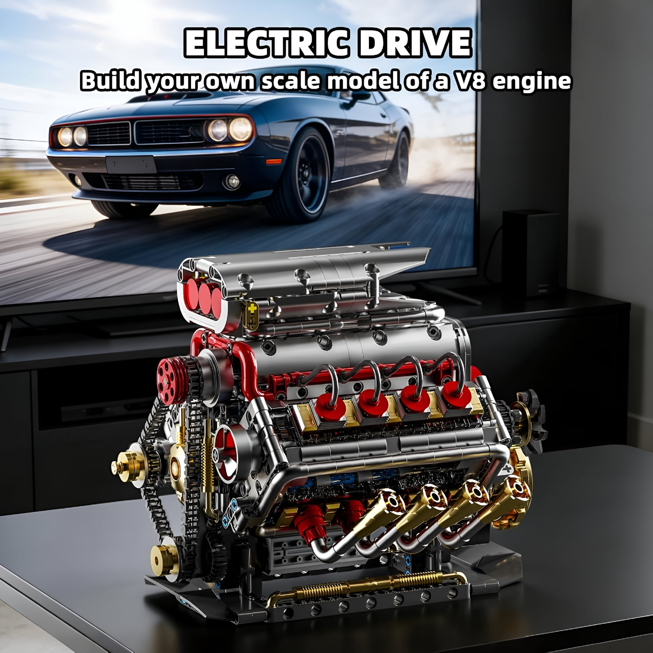 BESTSKY V8 Engine Model Kit That Runs, 8-Cylinder Car Engine Building Set with Rechargeable Motor, Compatible with for Adults, Engineering Construction Toy for Teens Boys (1176 PCS)