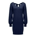 thumbnail image 5 of MaFYtyTPR Women's Kintted Dresses Fashion Solid Color Loose V-neck Bow Long Sleeved Versatile Pullover Woolen Dress Blue L, 5 of 5