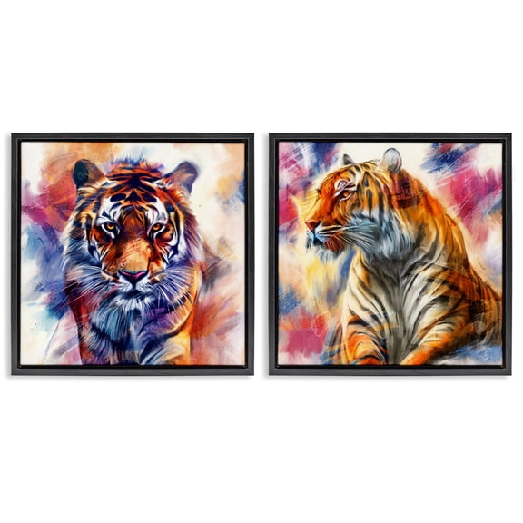 Stupell Industries In The Wild Fierce Tiger Animals Painting Black Floater Framed Canvas Art Print Wall Art, 18 x 18, Set of 2