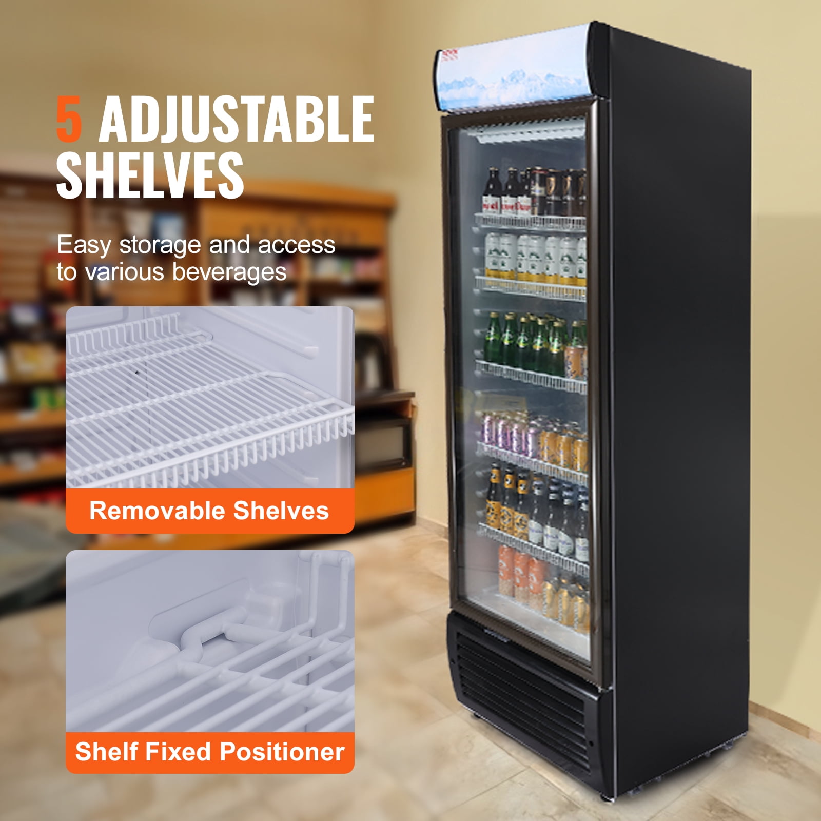 VEVOR Commercial Merchandiser Refrigerator,14.8 Cu.Ft / 420L Beverage Refrigerator Cooler Merchandiser,Glass Door Display Refrigerator Upright Fridge with 5 Adjustable Shelves,Customizable Lightbox