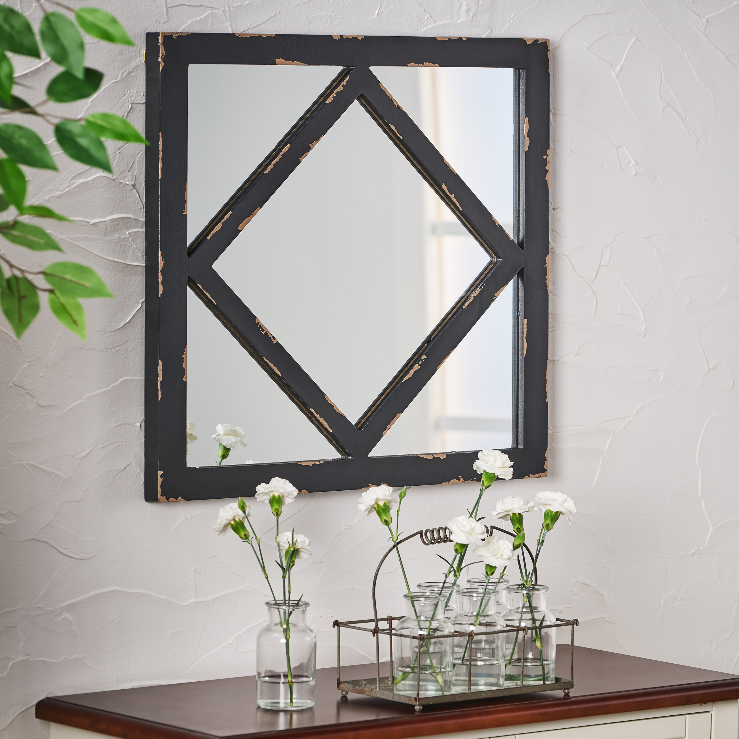 Noble House Kylee Square Wooden Rustic Farmhouse Mirror, Distressed