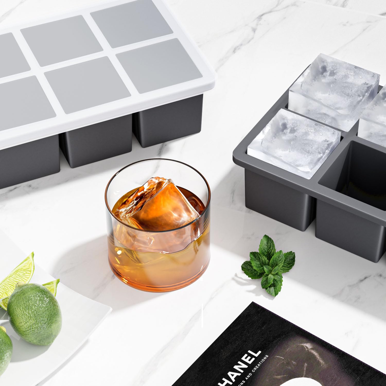 Large Ice Cube Tray For Whiskey:  Silicone Trays With Lid - 2pack Big Square Old Fashioned Maker Cocktail 2inch Huge Cubed Whisky