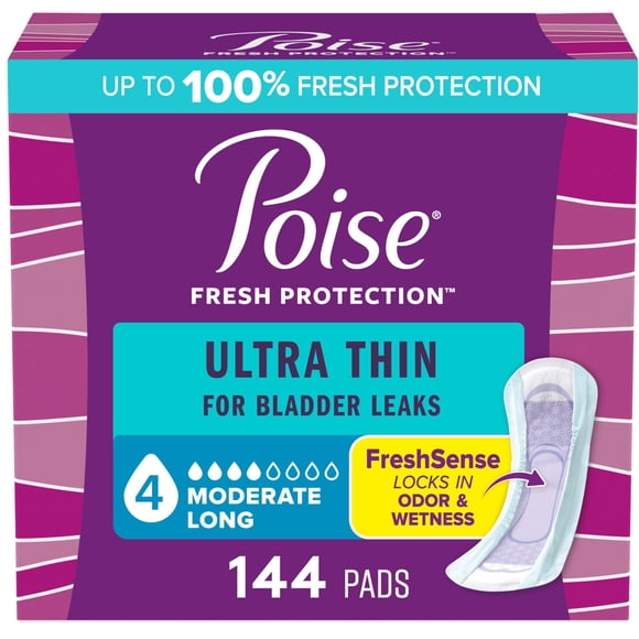 Almohadillas para incontinencia Poise, ultrafinas, 4 gotas, moderadas, 144 unidades