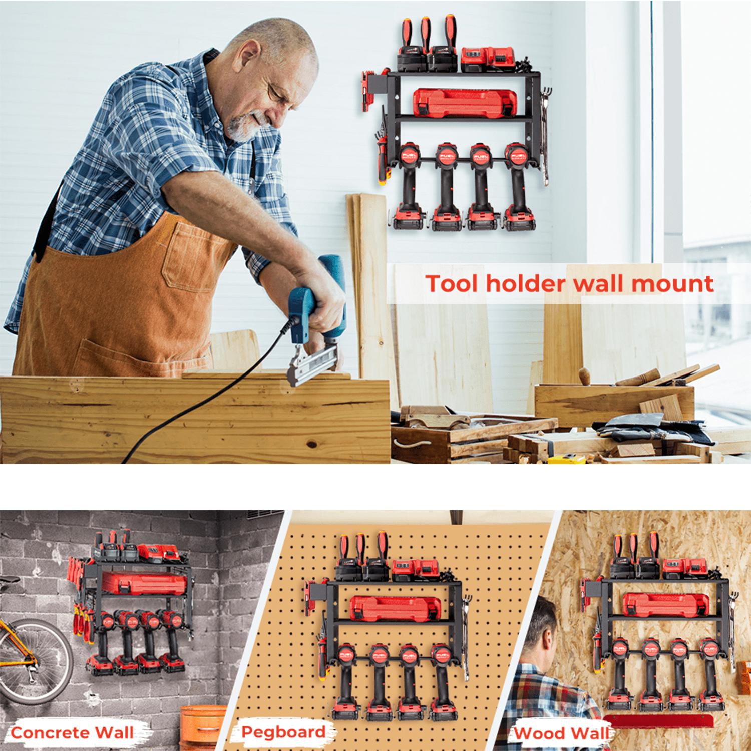 TreeLen Power Tool Organizer Wall Mount, 3 Layers Heavy Duty Drill Holder Suitable for Garage, Workshop and Warehouse
