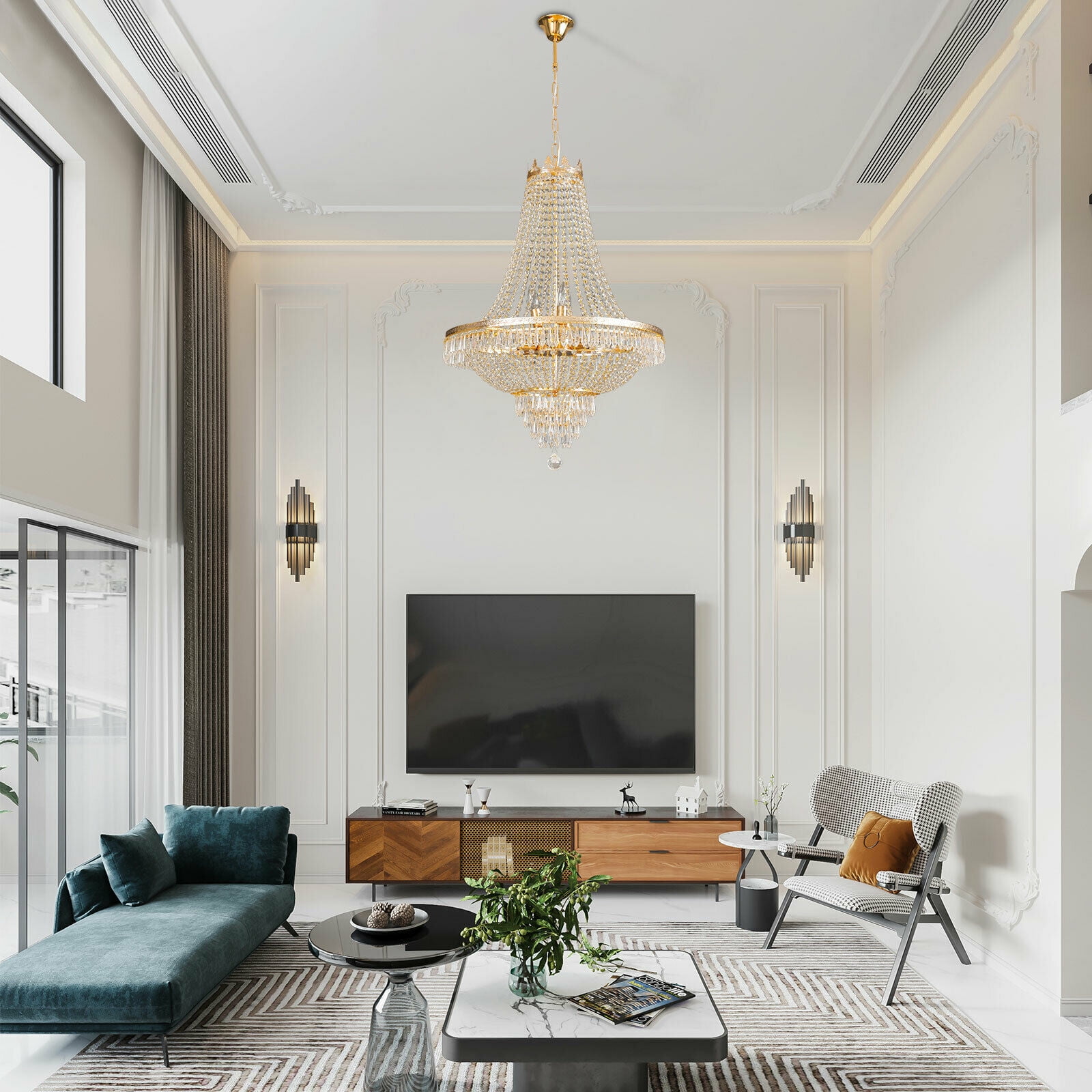 Wuzstar 30" Luxury Empire Crystal Ceiling Pendant Light Modern Chandelier Hanging Light Fixture for Entryway Foyer, Gold
