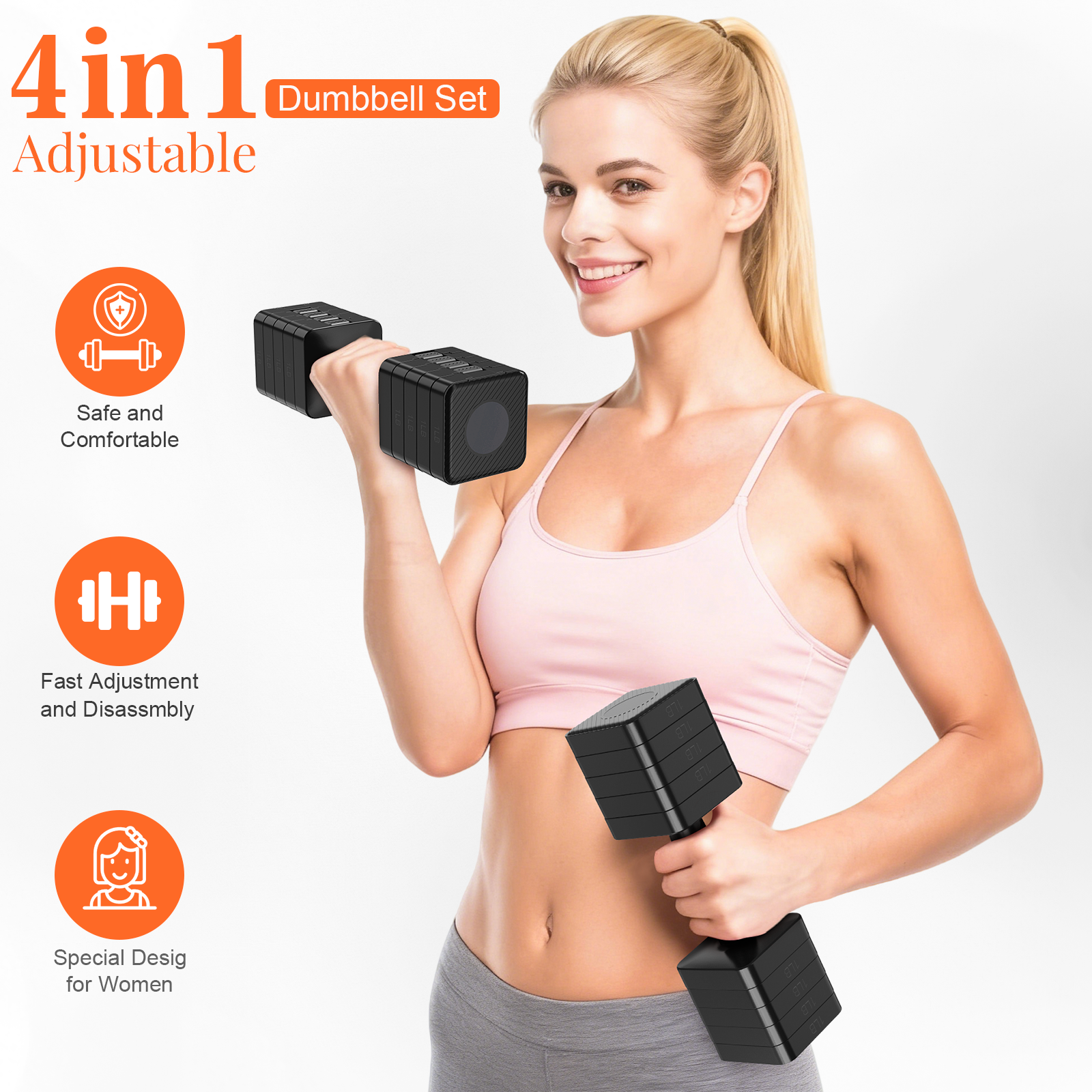 GIKPAL 10lbs*2 Adjustable Dumbbells Set, 4-in-1 Free Weights for Women, Each 3lb 5lb 7lb 9lb 11lb Hand Weights for Home Gym, Black