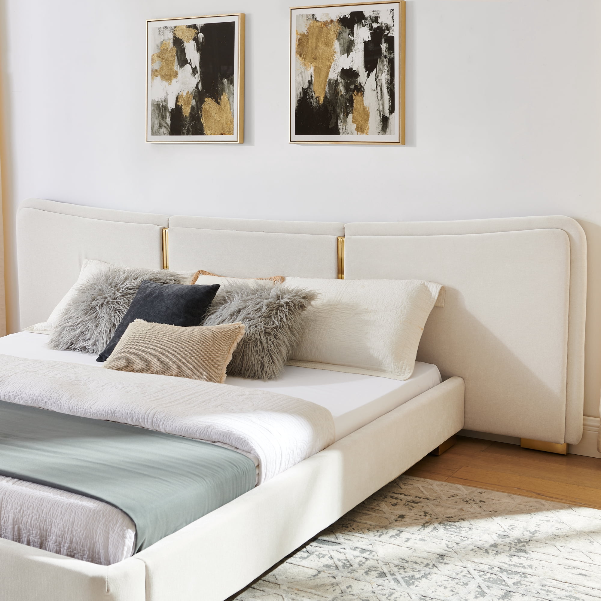 King Size Platform Bed with Extra Large Curved Headboard in Beige