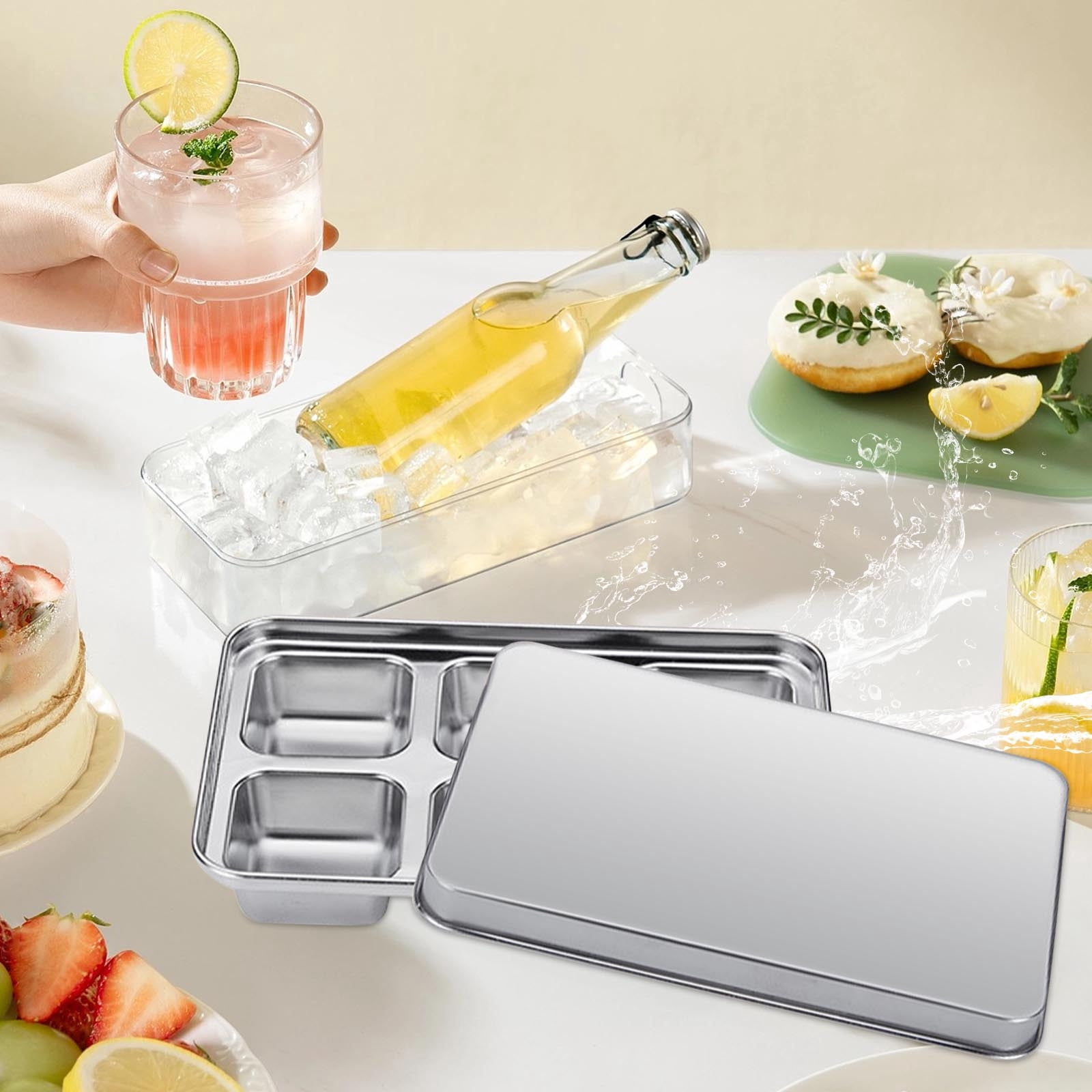 Stainless Steel Tray with Lid, Easy Release Metal Ice Mold for Freezer, 6-Grid Durable Maker for Whiskey Cocktails Beverages Kitchen Home Use