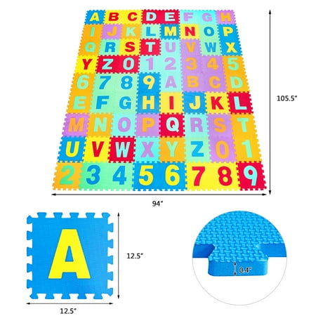 Costway Kids Foam Interlocking Puzzle Play Mat w/Alphabet & Numbers 72-Piece Set - Multi-Color