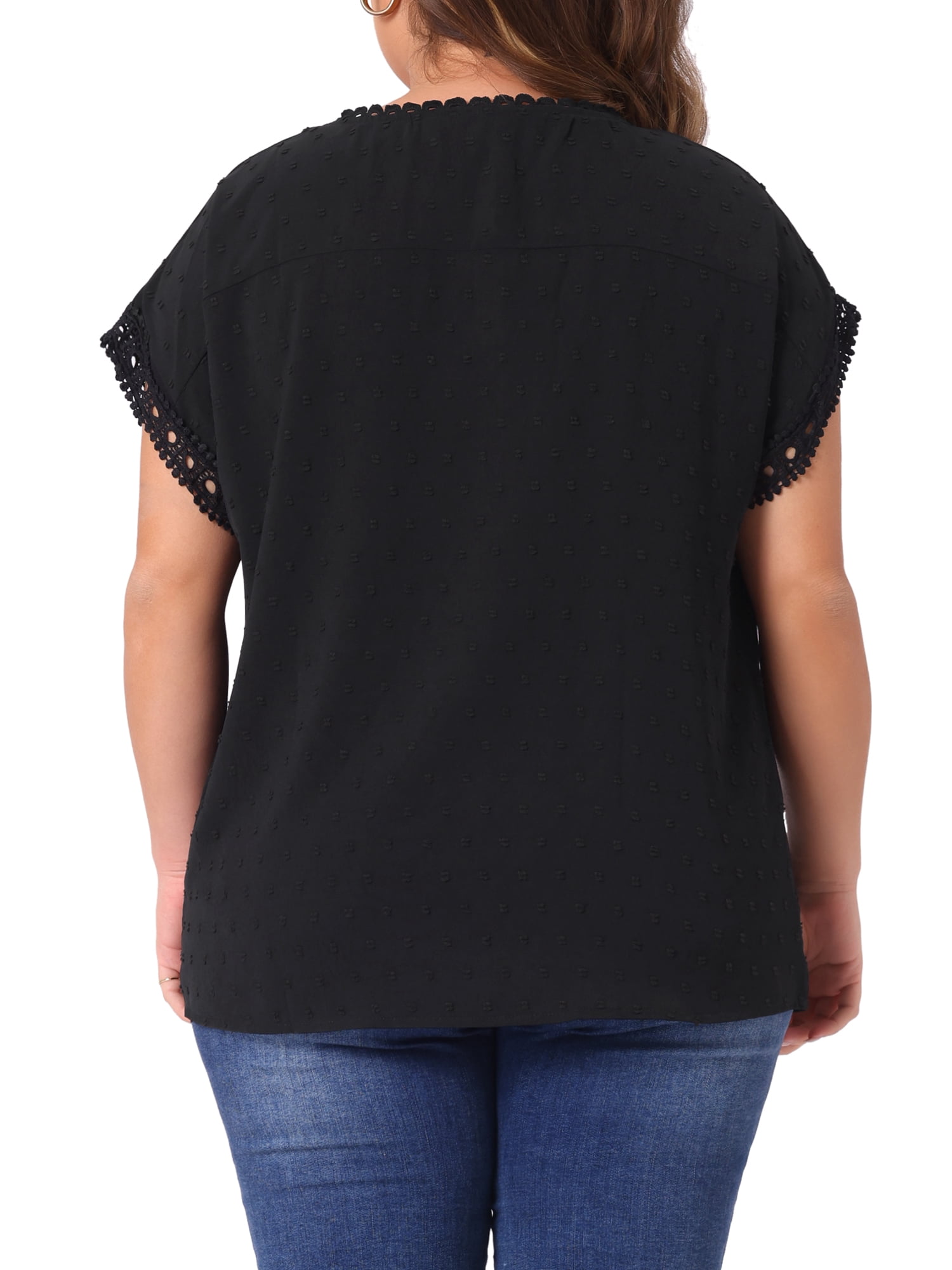 Women's Plus Tops with Swiss Dots Crew Neck Short Sleeve Casual Blouses 2X Black