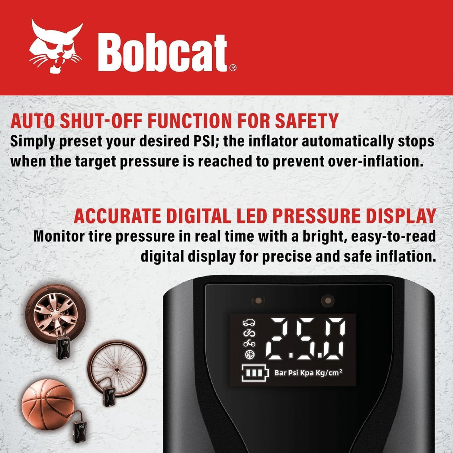 Bobcat Tire Inflator Portable Air Compressor 4000 mAh – 150 PSI Cordless Air Pump for Car Tires with Digital Pressure Gauge, Auto Shut-Off – Portable Air Pump for Car, Motorcycles, Bikes & Balls