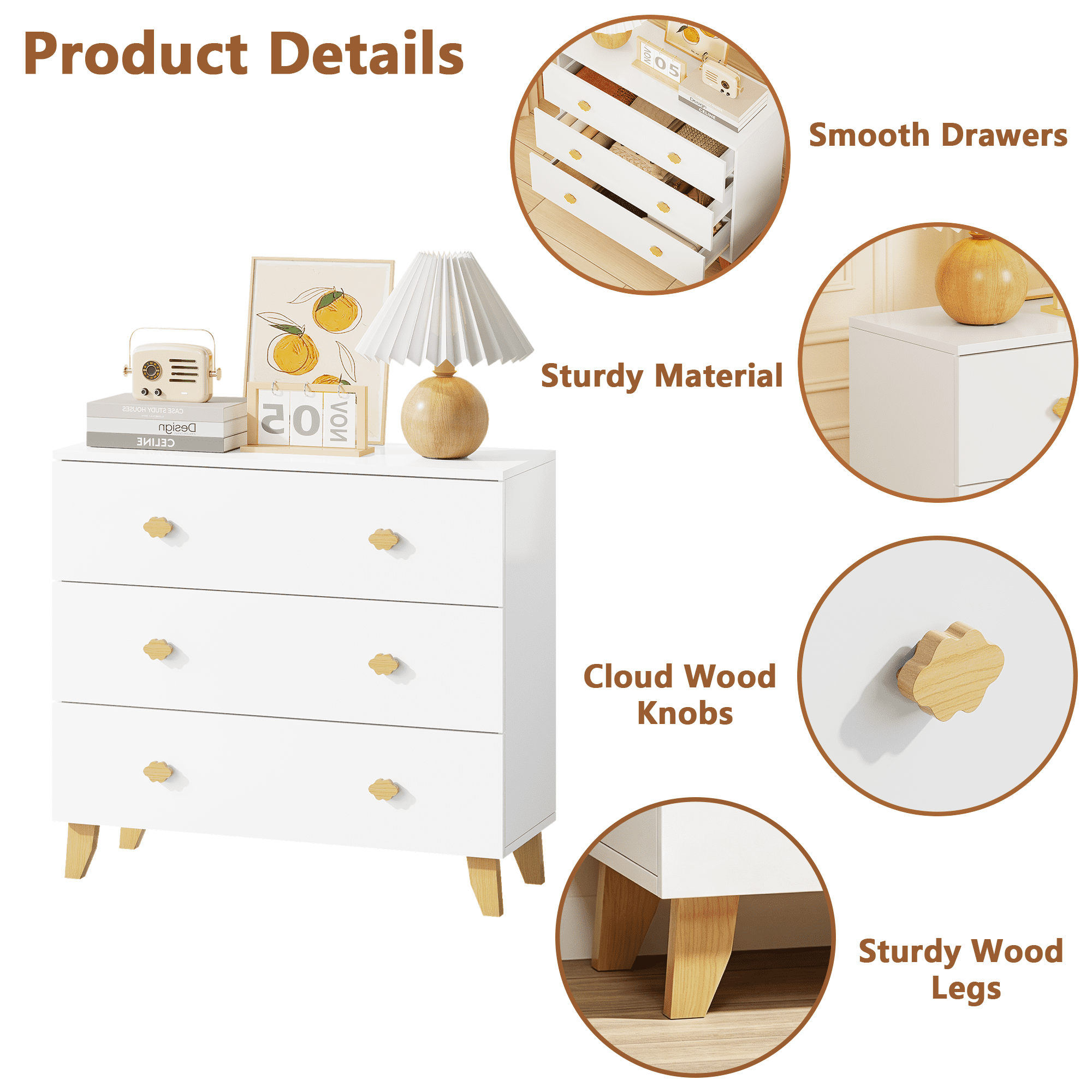 HOQBN 3 Drawer Dresser for Bedroom,Wooden Chest of Drawers Storage Cabinet for Kids Room,Nursery,Living Room,White
