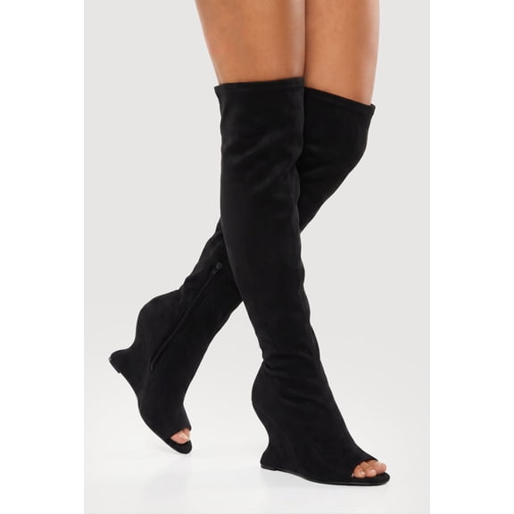 Women's Peep Toe Over The Knee Wedge Boots