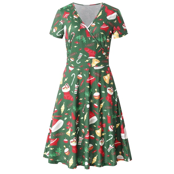 Vestido de verano para mujer, de manga corta, con cuello en V, estilo vintage, con estampado de nieve y Navidad Fridja qw188
