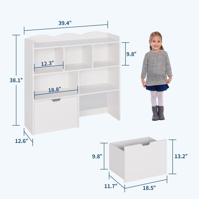 TROPOW Toy Storage Organizer with Movable Drawers, Kids Bookshelf with Hidden Wheels & Open Cubbies, Multifunctional Floor Storage Chest for Playroom