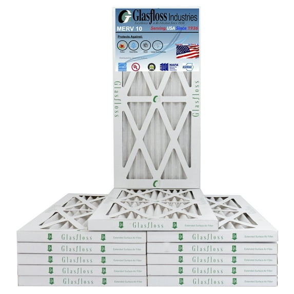Glasfloss 10x20x1 - MERV 10 -Qty:12 - Furnace Air Filter - Made in USA (Actual Size: 9.5 x 19.5x7/8 inch)