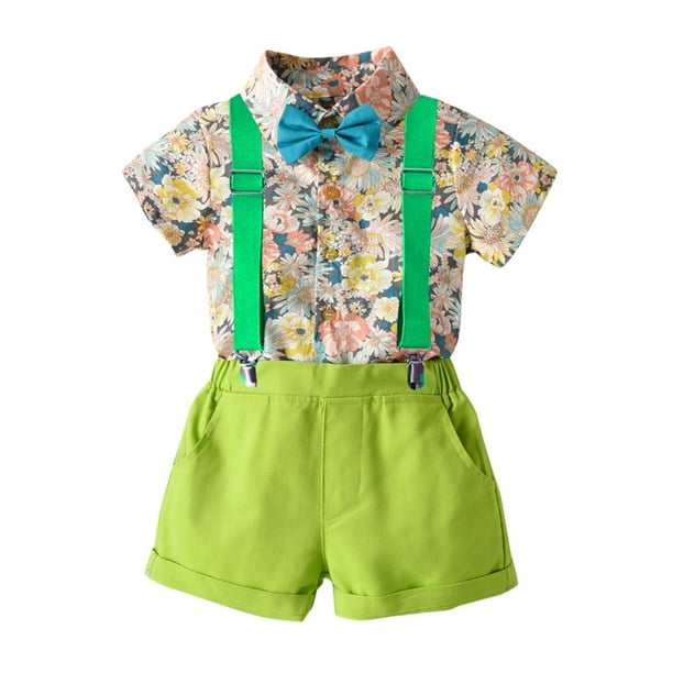Ropa Para Bebés, Ropa Para Niños Pequeños, Blusa De Manga Corta A La Moda, Mono Retro Con Flores, Traje De Caballero Verde Odeerbi LM103-11403
