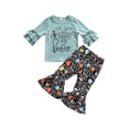 thumbnail image 2 of Bagilaanoe 2Pcs Toddler Baby Girl Halloween Outfits Letter Print Long Sleeve T Shirt Tops Skeleton Print Flared Trousers 12M 18M 24M 3T 4T 5T Fall Long Pants Set, 2 of 7
