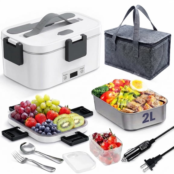 Electric Lunch Box Food Heater, Upgrade 100W High Power Portable Food Warmer, Heated Lunch Box for Adults Car/Home with 2L Removable Stainless Steel Container, 12V/24V/110V/220V,White