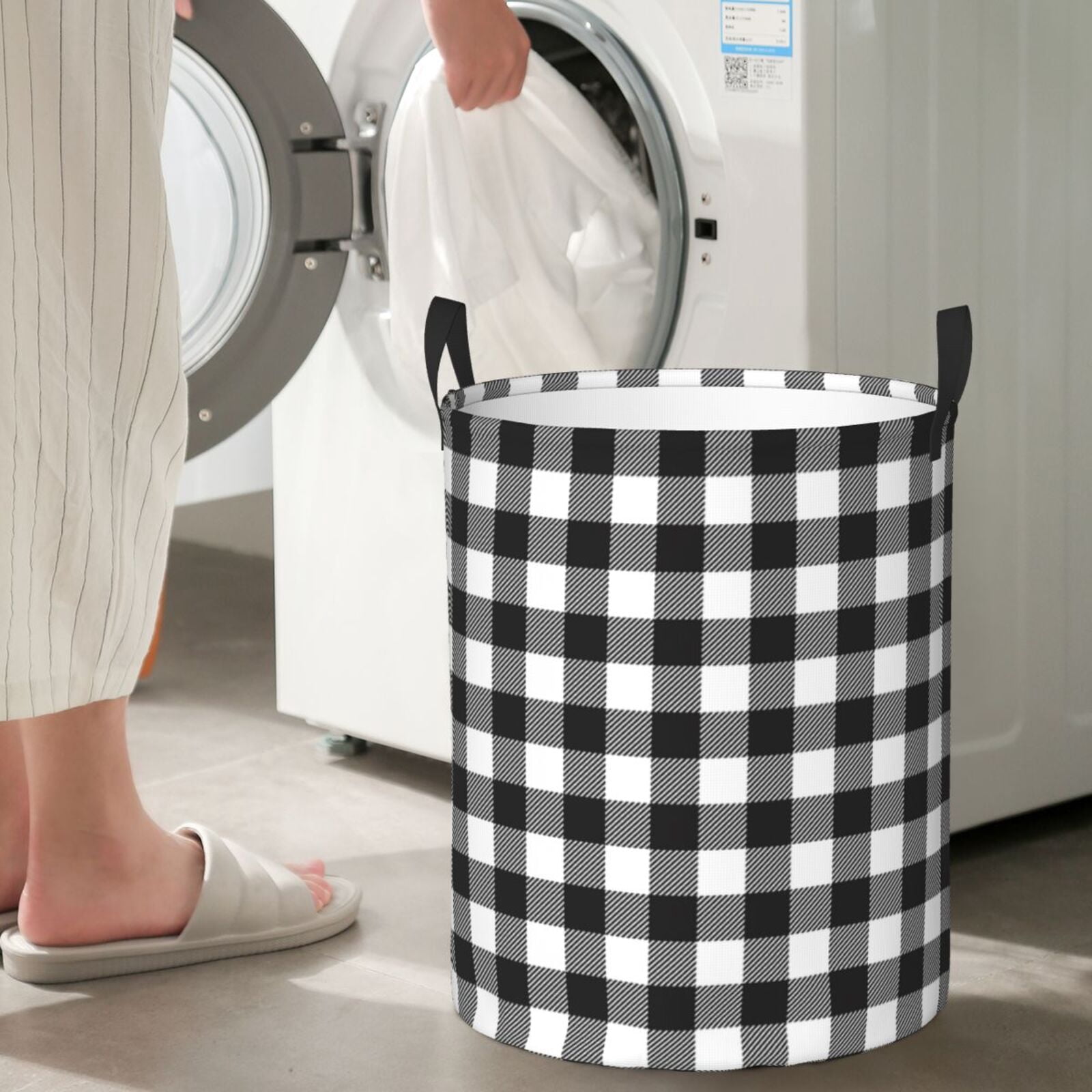 Fuzoiu Black White Plaid Print Circular Hamper,Laundry Basket with Handle,Collapsible Laundry,Dirty Clothes Storage Basket,for Bedroom Bathroom Dorm Living Room-Small