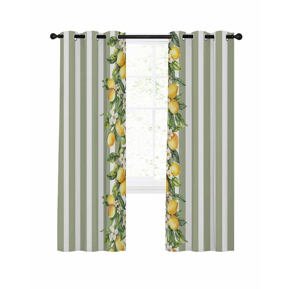 Sage Green Stripes Blackout Curtains, Light Blocking Print Window Curtains, Summer Spring Botanical Lemon Leaves Thermal Insulated Window Drapes for Living Room Kitchen Cafe 2 Panels, 84"W x 84"L