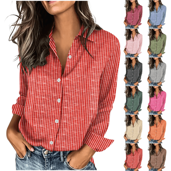 Women's Button Down Shirts V Neck Collared Blouses Casual Solid 3/4 Sleeve Tops Comfortable Business Fall Outfits