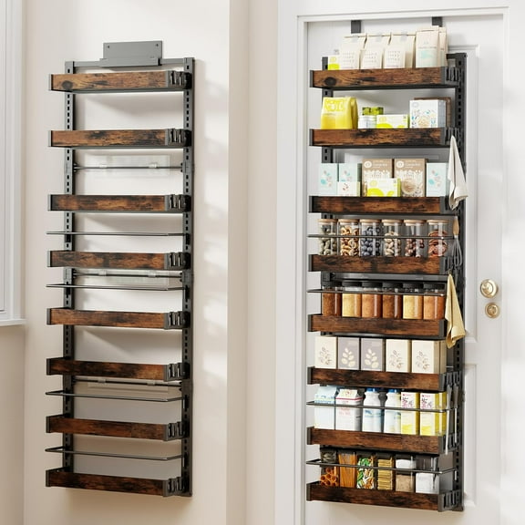 8 Tier Over The Door Pantry Organizer, 2 IN 1 Wall Mount or Metal Hanging Spice Rack for Pantry Organizers and Storage, Seasoning Shelves，Adjustable Basket with Hooks for Kitchen Cabinet and Closet