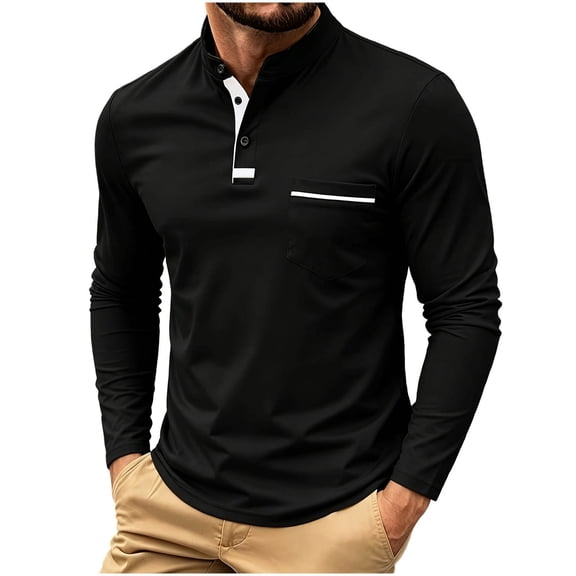 LEAVINGSUO Men's Stand Collar Long Sleeve Shirt Casual Loose Fitting Sports Breathable Top Black S