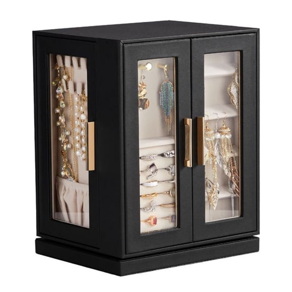 Jewelry Box 360° Rotating, 5 Drawers - Black Exterior & Pink Interior - Organizer for Necklaces, Earrings, Rings, Bracelets - Lockable Jewelry Storage Case