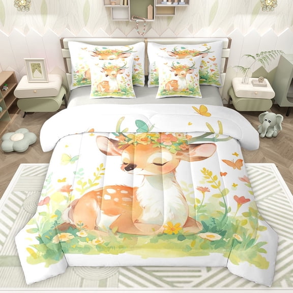 Castle Fairy Kawaii Animal Deer Twin Bedding Sets 7-Piece for Kids Boys Girls,Spring Garden Flowers Butterflies Bedding Comforter Set Microfiber,Cartoon Jungle Wildlife Breathable Sheet Sets