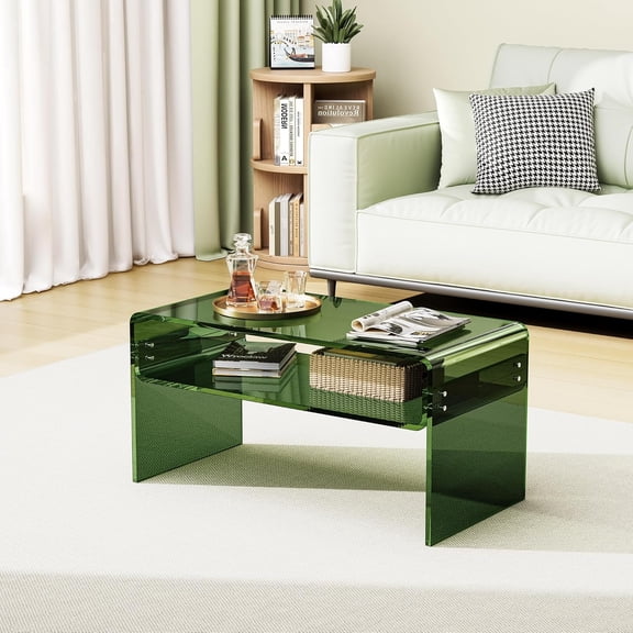 Acrylic Coffee Table for Living Room Clear Rectangle Lucite Table with Open Storage Shelf (1, Green, Normal)