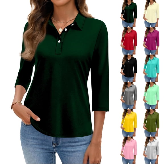 Qwertyu 3/4 Sleeve Polo Shirts for Women Solid Color Button Up Tops Lapel Collared T Shirts Trendy Summer Casual Shirts Blue S Turquoise XL