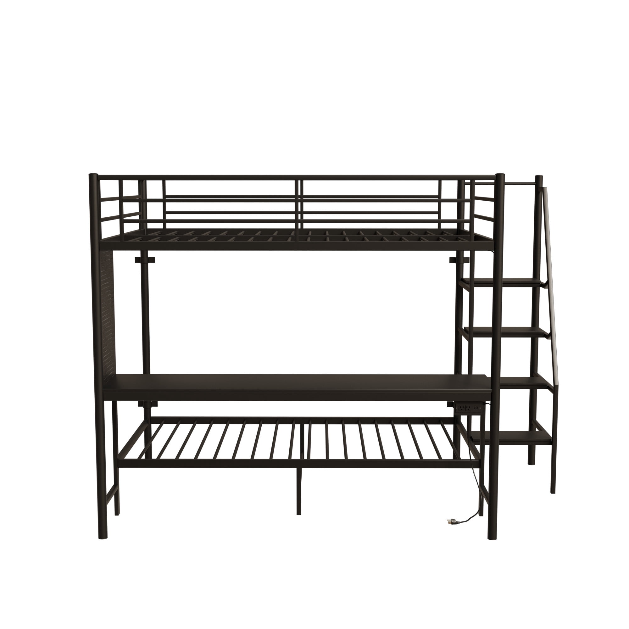 Leumius Full over Full Bunk Bed with Desk and Storage Stairs,Metal Bed Frame with Full Length Guardrails and Ladders, Black