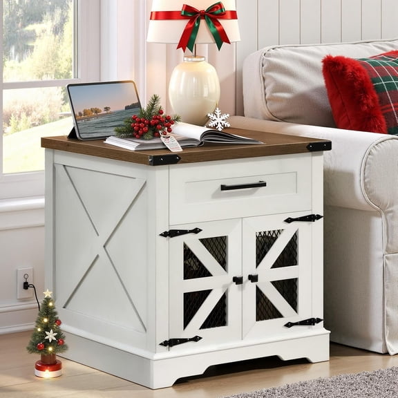 RALGEND White Farmhouse End Table with Charging Station, 24" Large Sofa Side Table with Drawer, Large End Table for Living Room, Wooden Nightstand with Outlet, Square, White and Walnut