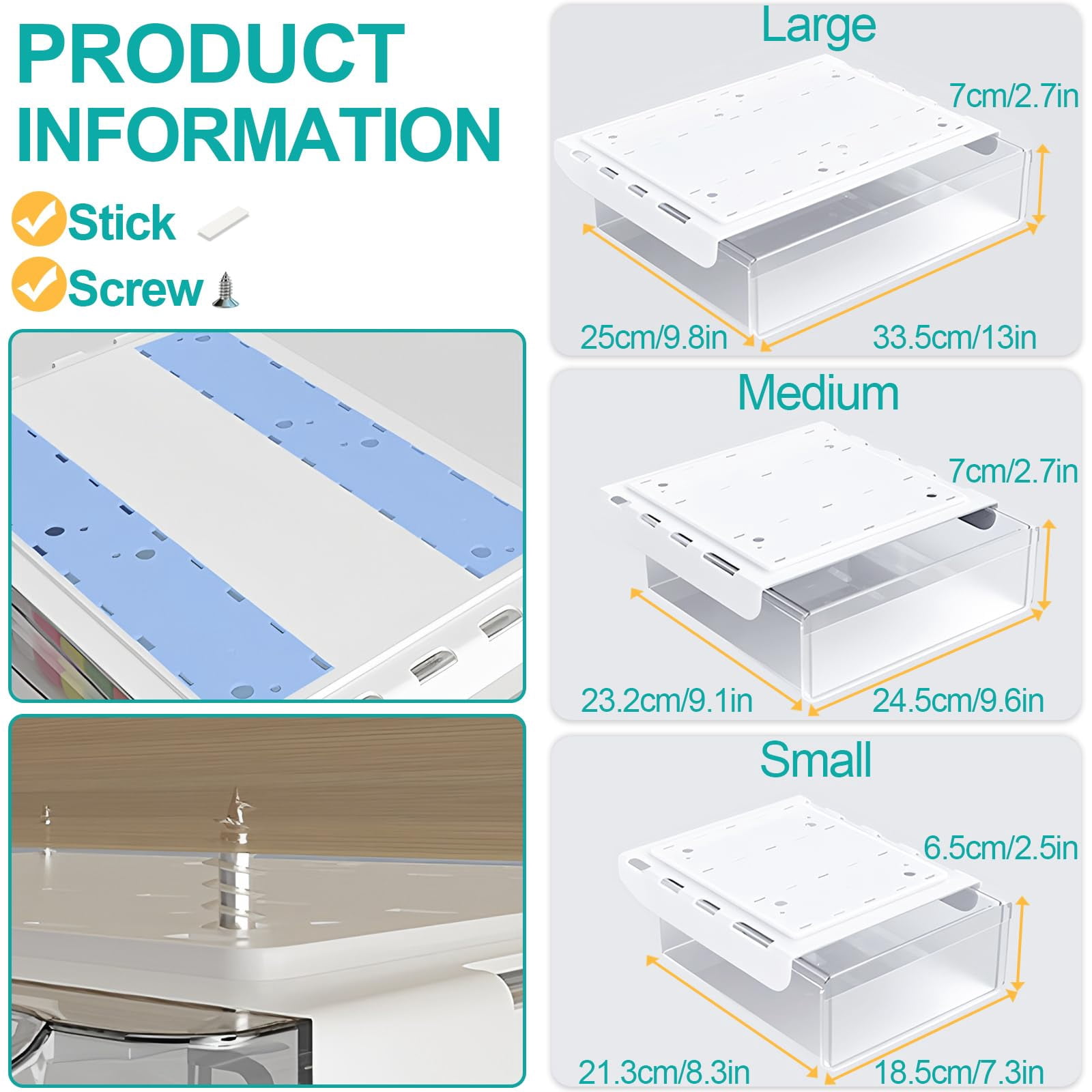 Under Desk Table Drawer Storage Organizer 3 Pack Small & Medium Large Slide Out Drawers - Desktop Adhesive Pencil Tray Table(clear/lms)