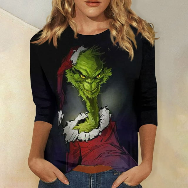 Corashan Chandail de Noël Laid Abordable pour Femmes, Nouveau T-Shirt à Col Rond Mode Imprimé Manches 3/4, Haut Ajusté Décontracté Noir, 2TG