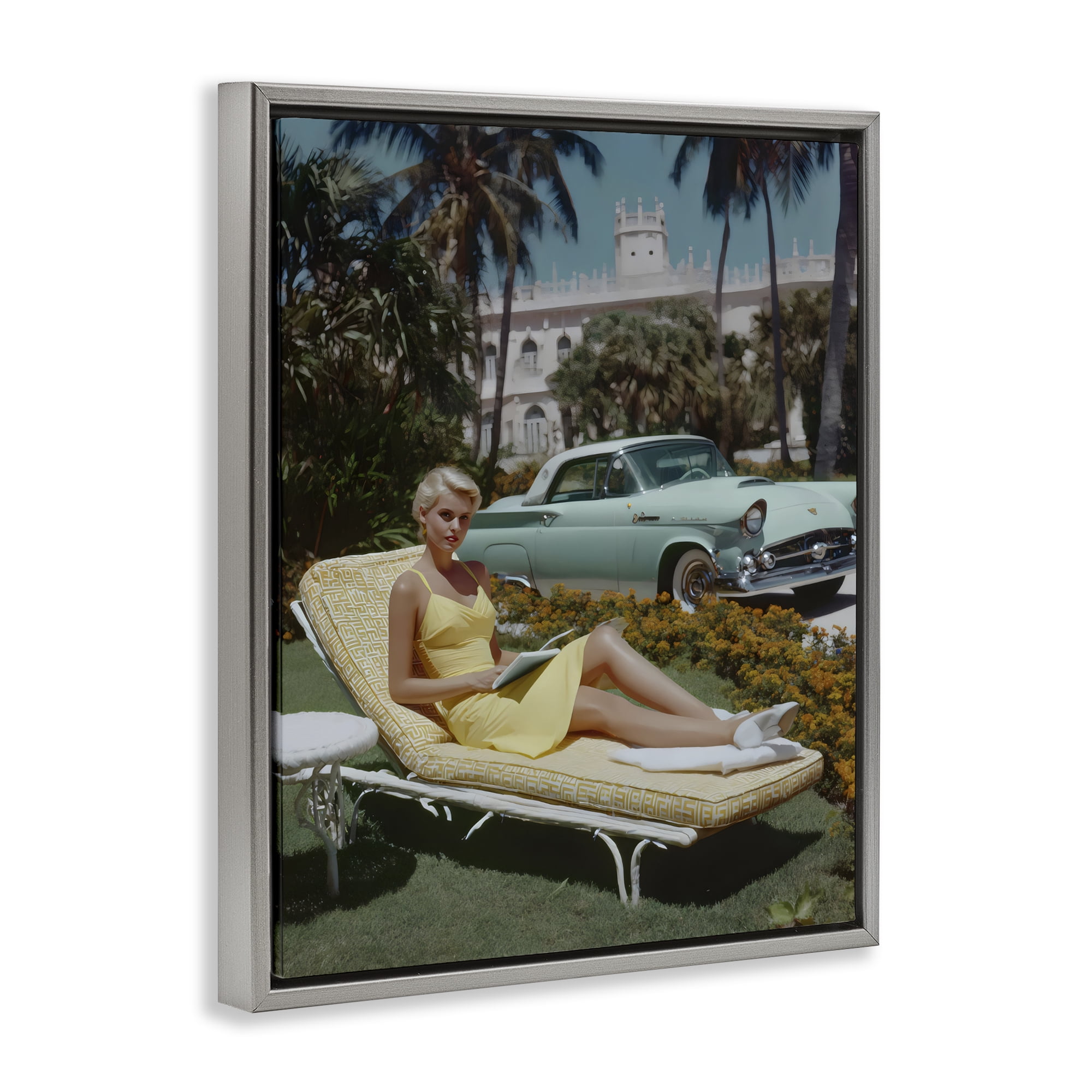 Stupell Industries Vintage Sunbathing Woman Gray Framed Floater Canvas Wall Art, design by Franklyn Gregory
