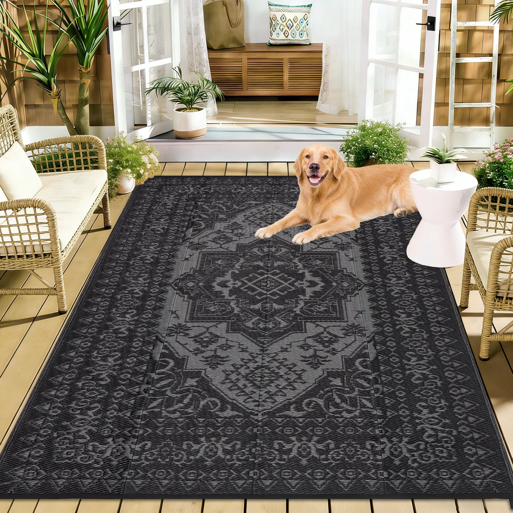 Outdoor Rug 9x18 Waterproof Reversible Plastic Straw Patio Mat, Vintage Medallion Indoor Outdoor Carpet for Deck Balcony Porch RV Camping Picnic