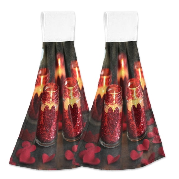 BZSMCE Hanging Hand Towels Fashion Red Candles with Roses Hearts Pattern 2-Pack - Velcro Style Bathroom Kitchen Towels