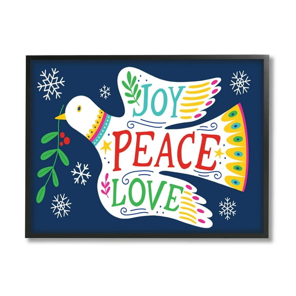 Joy Peace Love Dove Holly Sprig Holiday Graphic Art Black Framed Art Print Wall Art