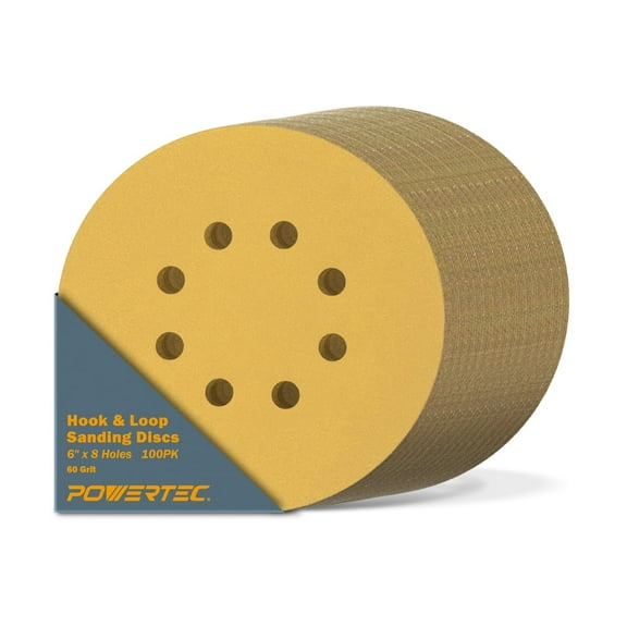 POWERTEC 100PK 6" x 8 Holes, 60 Grit, Hook & Loop Sanding Disc, Gold (44206G-50-P2)