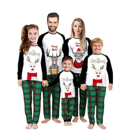 

IZhansean Christmas Family Matching Pajamas Set Cartoon Elk Tops+Plaids Pants Sleepwear Set For Adult Kids