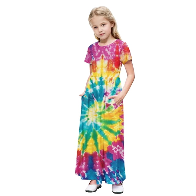 RXIRUCGD 2025 Vêtements d'Été pour Enfants Tout-Petits Filles Mignon Dégradé Imprimé Manches Courtes Robe Extensible avec Poches Robe Longue en Ligne