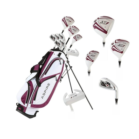 aspire x1 ladies womens complete golf club set includes driver, fairway, hybrid, 6-pw irons, putter, stand bag, 3 h/c's purple - regular or petite size! (regular, right handed)
