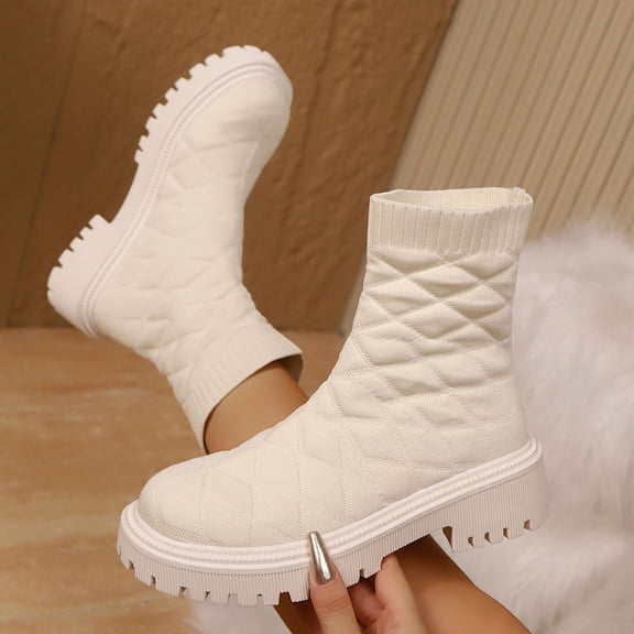 BLTIBY Women Sock Booties Stretch Knit Slim Fit Comfy Boots Chunky Low Heel Breathable Boot Soft Pull On Shoes Beige 42