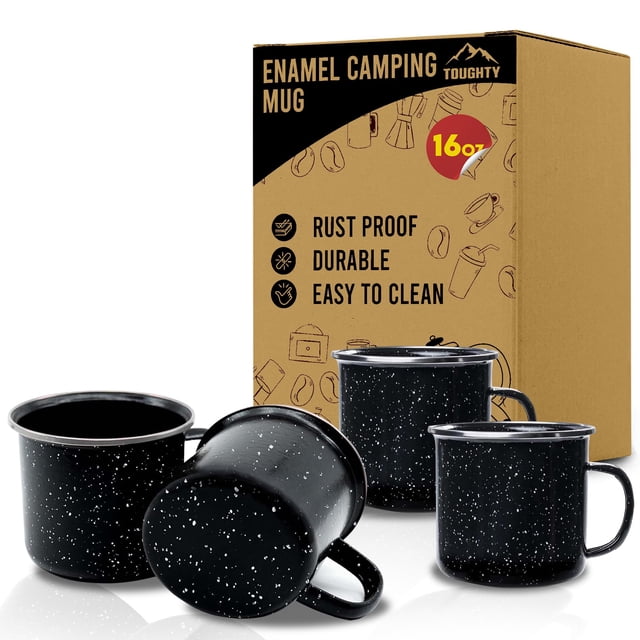 Juego de 4 tazas de camping Toughty de esmalte negro, 470 ml