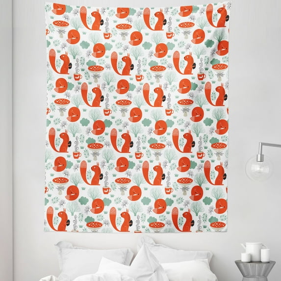 Fox Tapestry, Small Forest Animal Pattern with Foliage Leaves and Mushroom Winter Nature, Fabric Wall Hanging Decor for Bedroom Living Room Dorm, 5 Sizes, Dark Coral Almond Green, by Ambesonne