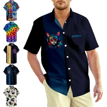 

MLFU Animal Print Boys Beach Short Sleeve Button Down Hawaii Shirts Front-Pocket Slim-Fit Blouses Plus Size Men